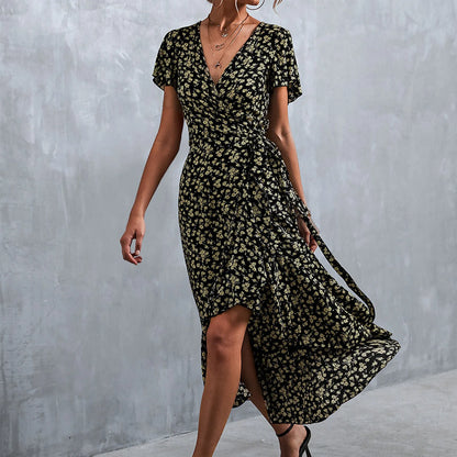 Ditsy Floral Print Wrap Tie Flutter Sleeve Ruffle Hem Midi Dress