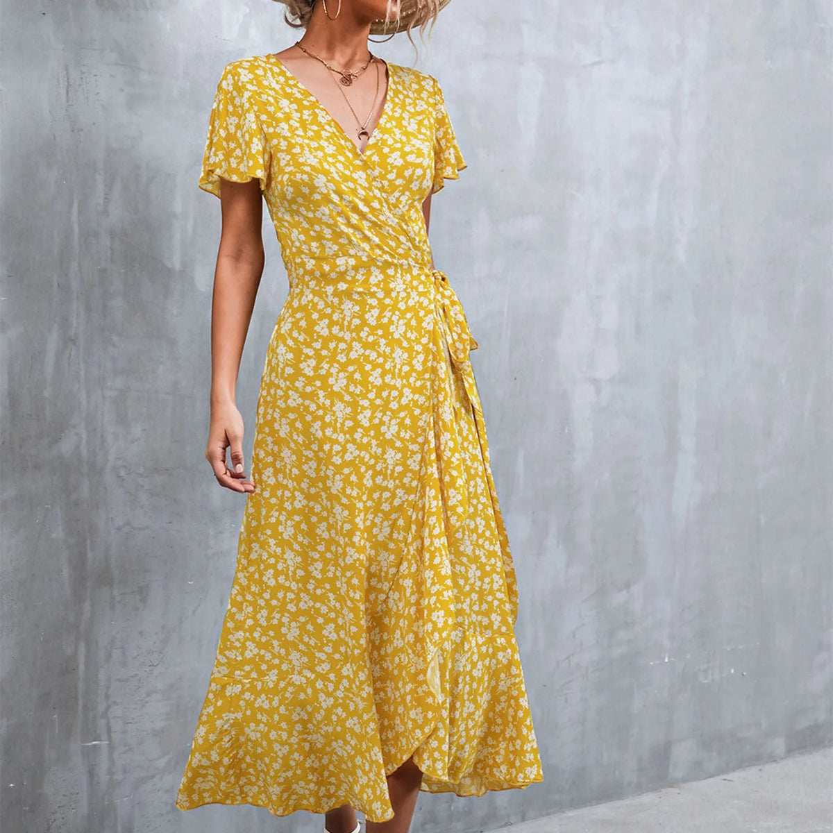 Ditsy Floral Print Wrap Tie Flutter Sleeve Ruffle Hem Midi Dress