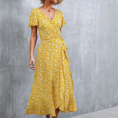 Ditsy Floral Print Wrap Tie Flutter Sleeve Ruffle Hem Midi Dress