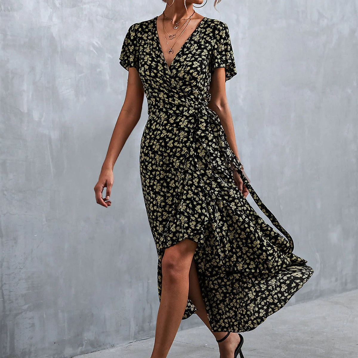 Floral Print Wrap V-Neck Flutter Sleeve High Low Ruffle Hem Midi Dress