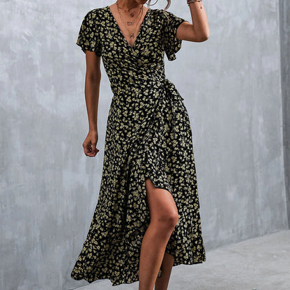Floral Print Wrap V-Neck Flutter Sleeve High Low Ruffle Hem Midi Dress