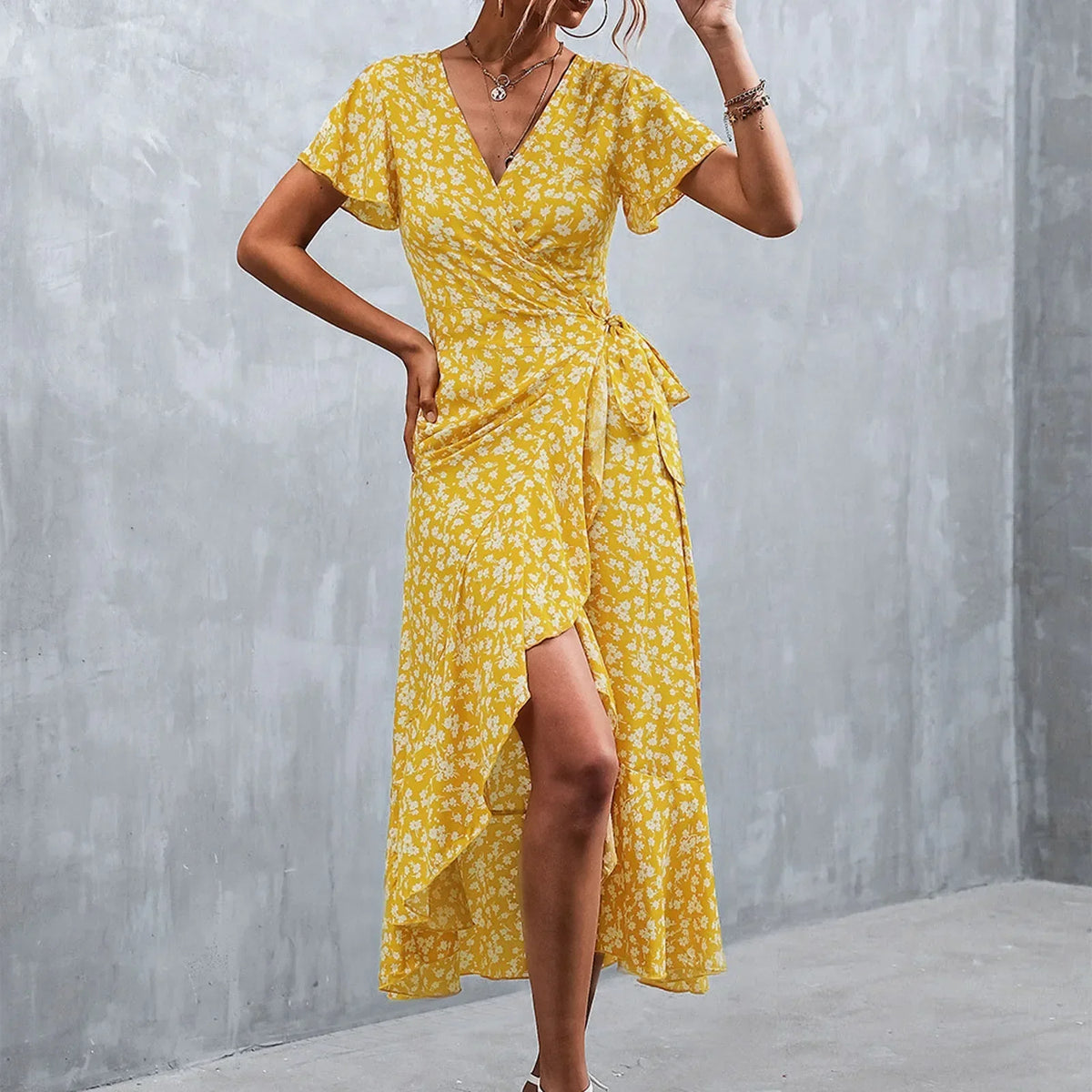 Floral Print Wrap V-Neck Flutter Sleeve High Low Ruffle Hem Midi Dress