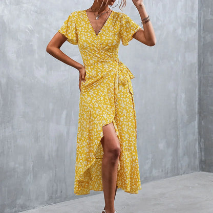 Floral Print Wrap V-Neck Flutter Sleeve High Low Ruffle Hem Midi Dress