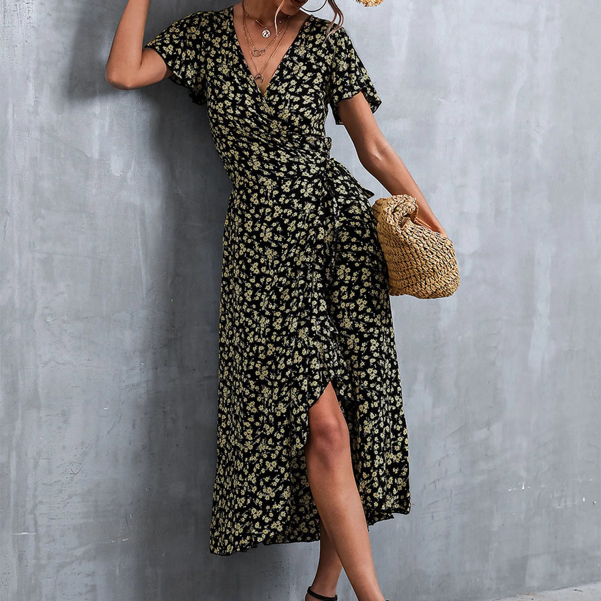 Floral Print Wrap V-Neck Flutter Sleeve High Low Ruffle Hem Midi Dress