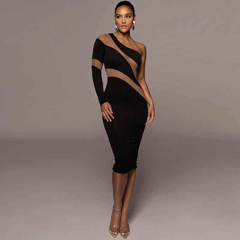One Shoulder Mesh Panel Cutout Bodycon Midi Dress