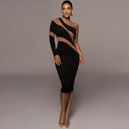 One Shoulder Mesh Panel Cutout Bodycon Midi Dress