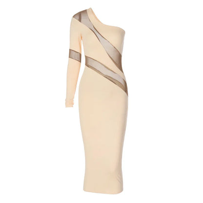 One Shoulder Mesh Panel Cutout Bodycon Midi Dress