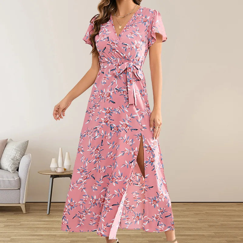 Floral Wrap Deep V-Neck Flutter Sleeve Tie Waist High Split Maxi Dress