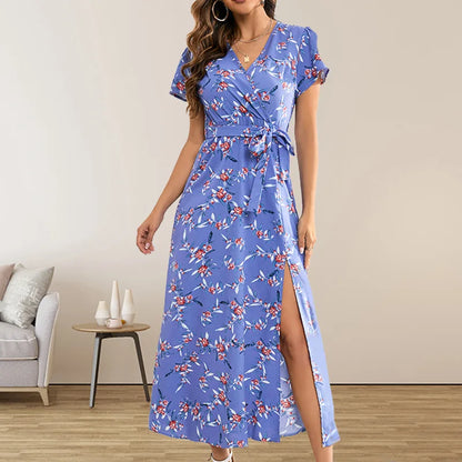 Floral Wrap Deep V-Neck Flutter Sleeve Tie Waist High Split Maxi Dress