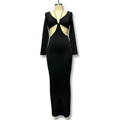 Deep V-Neck Tie Front Long Sleeve Side Cut Out Bodycon Midi Dress