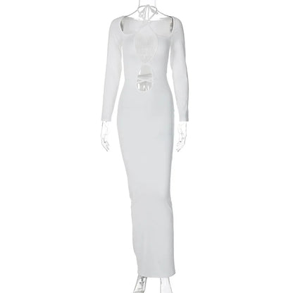 Lace Up Halter Keyhole Cut Out Long Sleeve Bodycon Maxi Dress