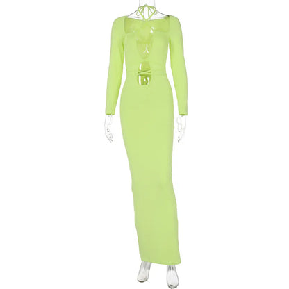 Lace Up Halter Keyhole Cut Out Long Sleeve Bodycon Maxi Dress