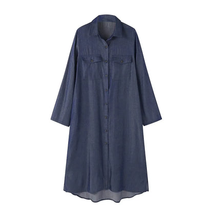 Long Sleeve Button Front Chest Pocket Denim Maxi Shirt Dress