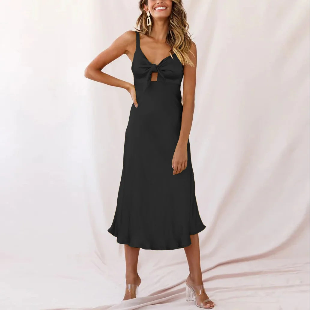Spaghetti Strap Tie Front Cut Out Satin Midi Dress