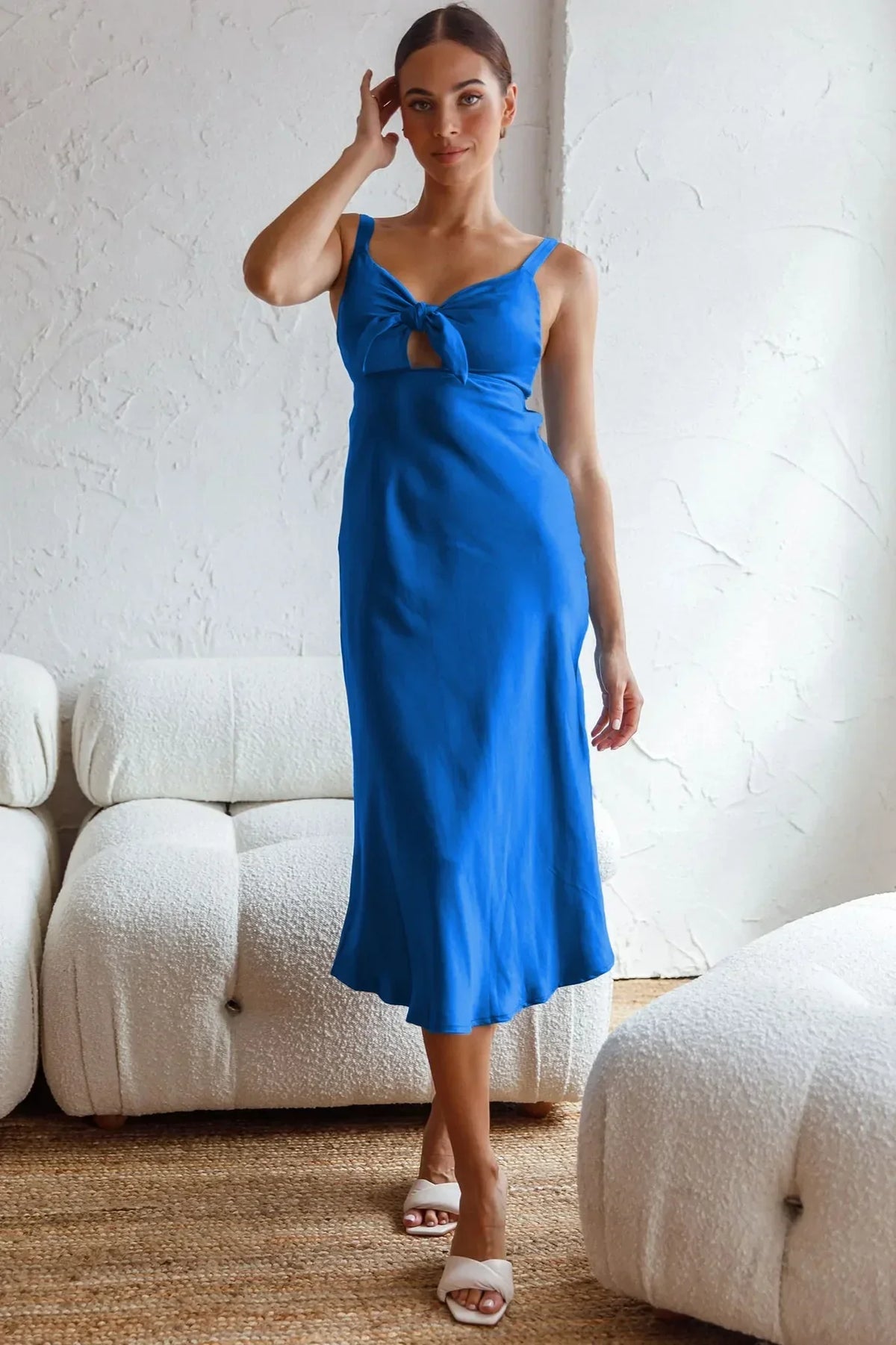Satin Tie-Front Bow Cutout Spaghetti Strap Midi Slip Dress