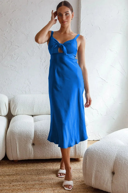 Satin Tie-Front Bow Cutout Spaghetti Strap Midi Slip Dress