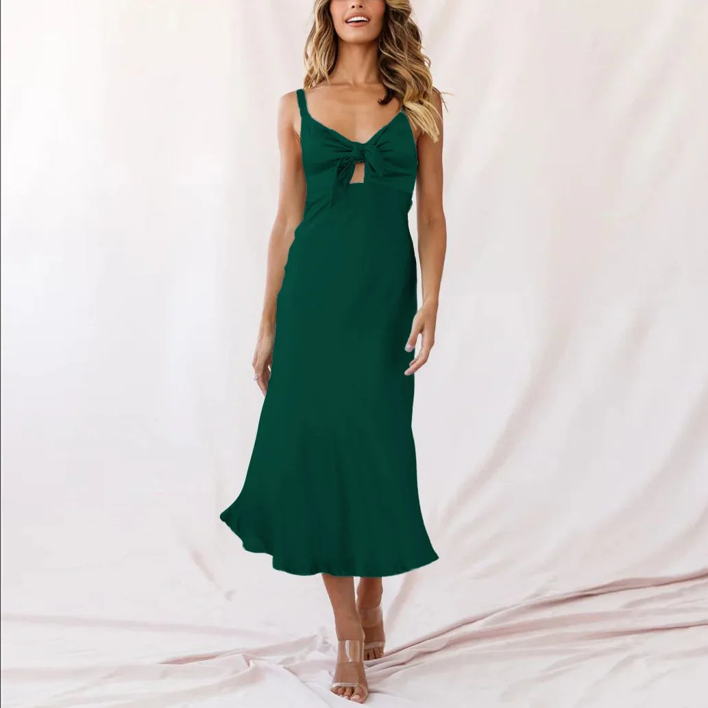 Spaghetti Strap Tie Front Cut Out Satin Midi Dress