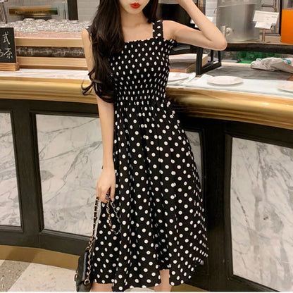 Polka Dot Smocked Square Neck Sleeveless A-Line Midi Dress