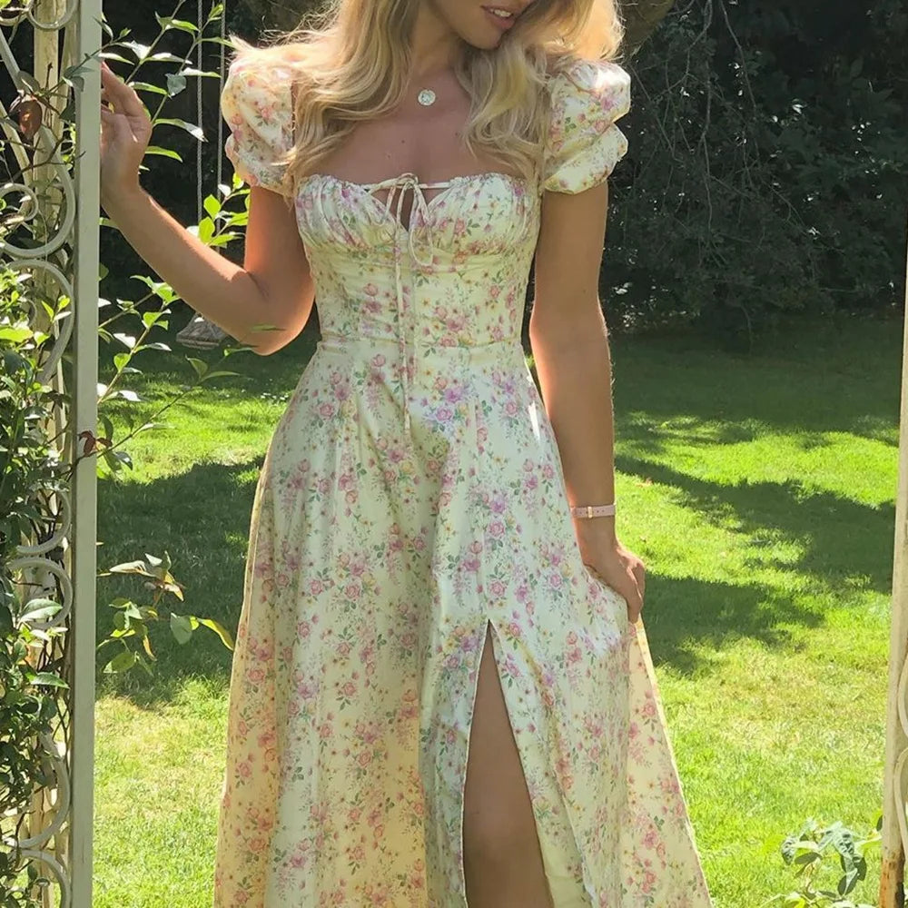 Floral Spring French Backless Slim-fit Halter Trending Midi Dresses