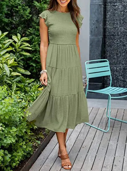 Flutter Sleeve Round Neck Tiered Swing Midi Dress