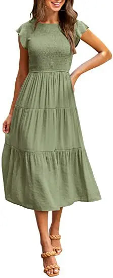 Flutter Sleeve Round Neck Tiered Swing Midi Dress