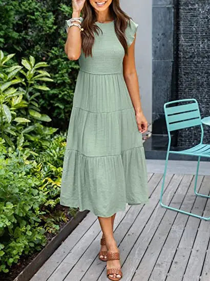 Tiered Ruffle Cap Sleeve Crew Neck Midi Dress