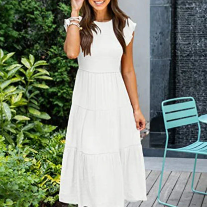 Tiered Ruffle Cap Sleeve Crew Neck Midi Dress