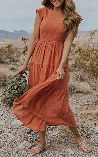 Tiered Ruffle Cap Sleeve Crew Neck Midi Dress