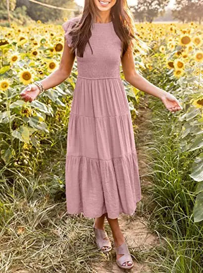 Tiered Ruffle Cap Sleeve Crew Neck Midi Dress