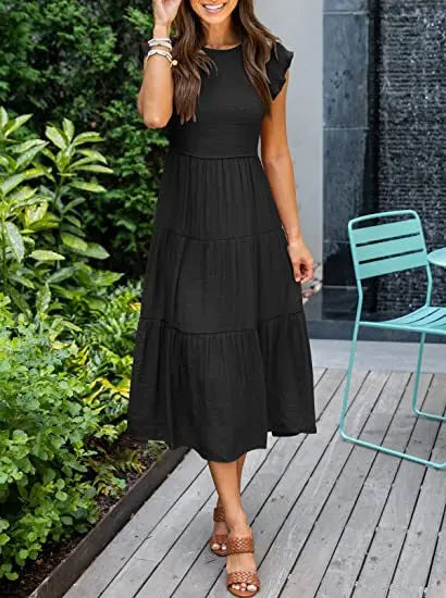 Flutter Sleeve Round Neck Tiered Swing Midi Dress