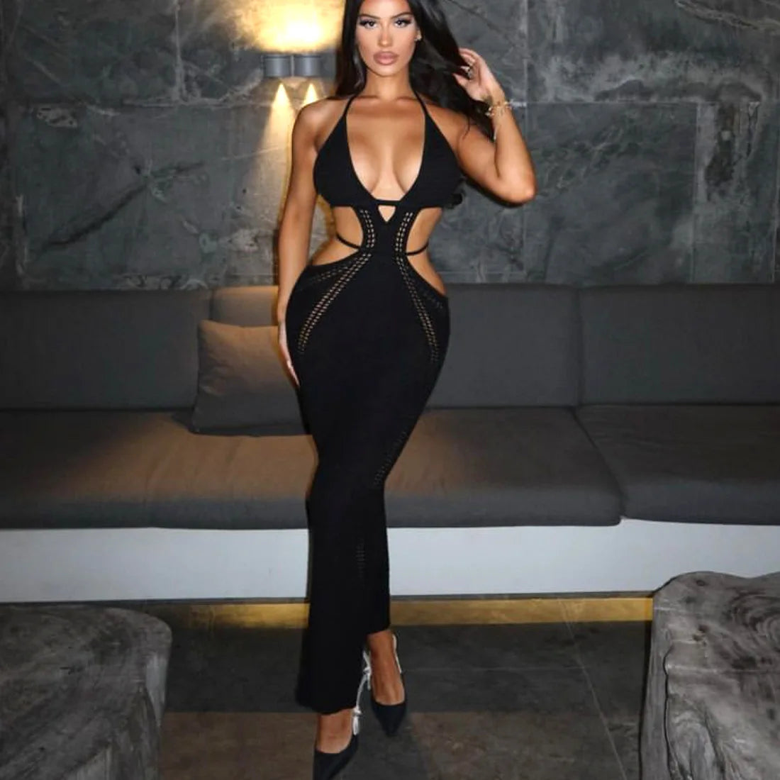 Hip Wrap Pure Hollow Slim Streetwear Midi Dresses