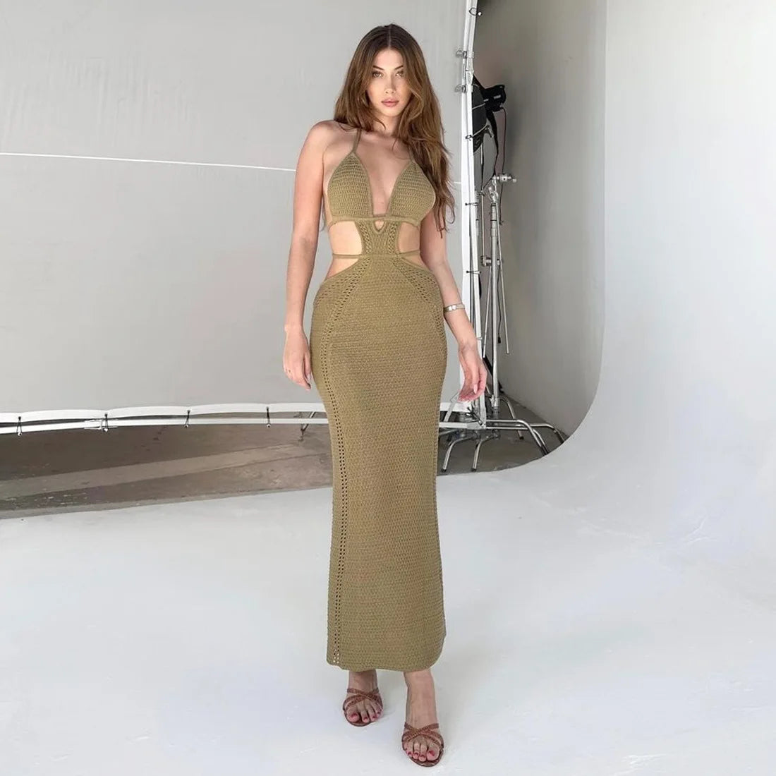 Hip Wrap Pure Hollow Slim Streetwear Midi Dresses