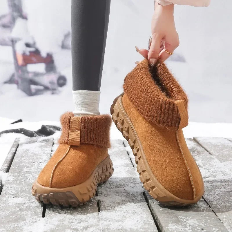 Women's Knitted Cuffed Snow Boots 2024 New Winter Cold-proof and Warm Fur Boots Non-slip Thick-soled Ladies Cotton Shoes Zapa
