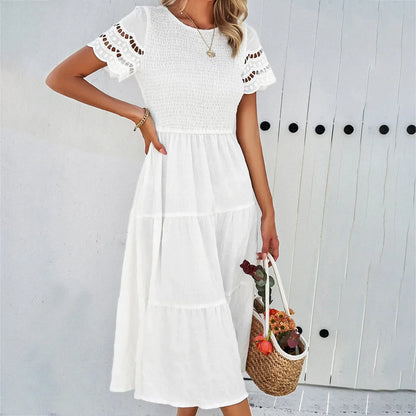 Smocked Crew Neck Eyelet Sleeve Tiered Midi Dress