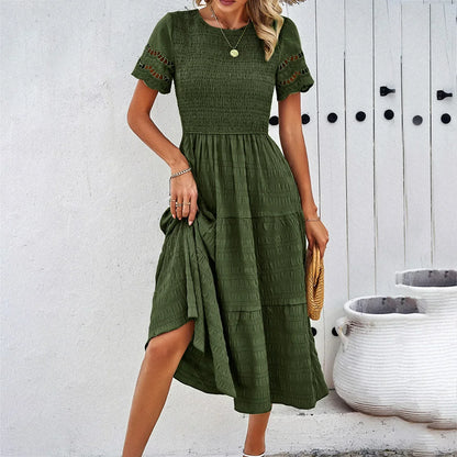 Smocked Round Neck Eyelet Lace Flutter Sleeve Tiered Midi Dress