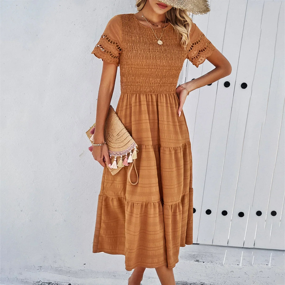 Smocked Round Neck Eyelet Lace Flutter Sleeve Tiered Midi Dress