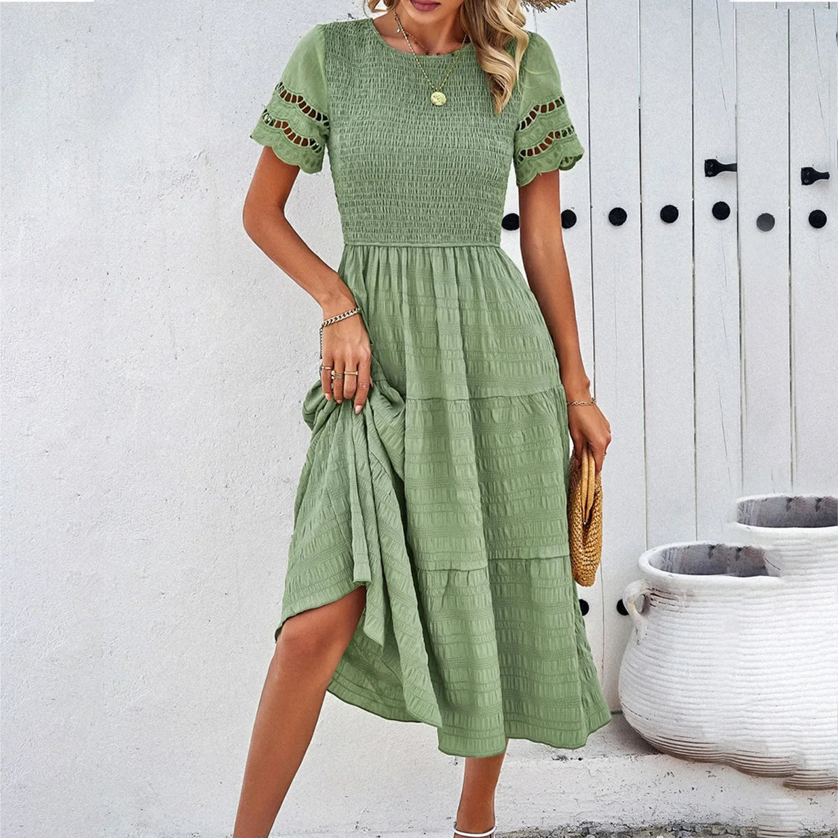 Smocked Round Neck Eyelet Lace Flutter Sleeve Tiered Midi Dress