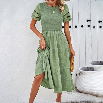 Smocked Round Neck Eyelet Lace Flutter Sleeve Tiered Midi Dress