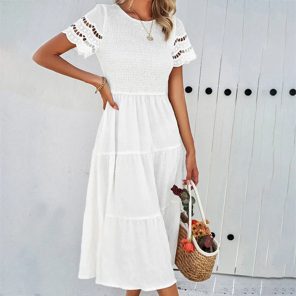 Smocked Round Neck Eyelet Lace Flutter Sleeve Tiered Midi Dress