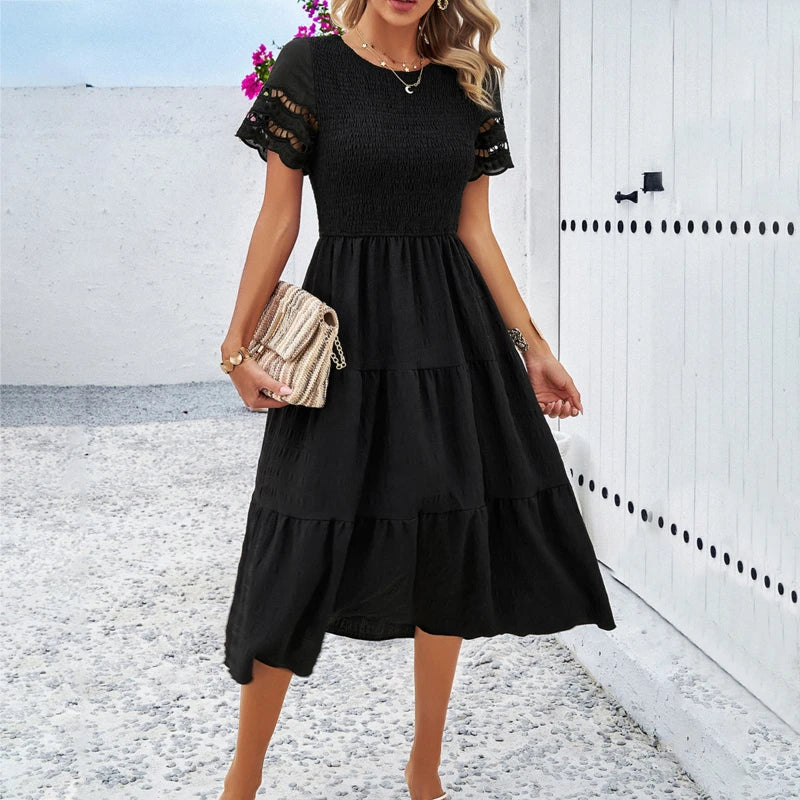Smocked Round Neck Eyelet Lace Flutter Sleeve Tiered Midi Dress