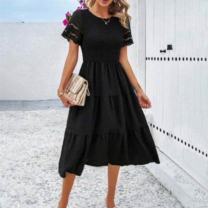 Smocked Round Neck Eyelet Lace Flutter Sleeve Tiered Midi Dress
