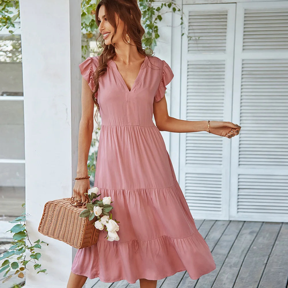 V-Neck Flutter Sleeve Tiered A-Line Midi Dress