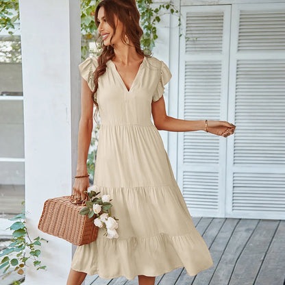 V-Neck Ruffle Cap Sleeve Tiered Midi Dress