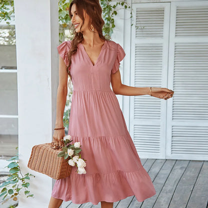 V-Neck Ruffle Cap Sleeve Tiered Midi Dress