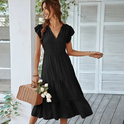 V-Neck Flutter Sleeve Tiered A-Line Midi Dress