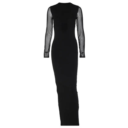 Mesh Sleeve Open Back Criss Cross Strap Bodycon Maxi Dress