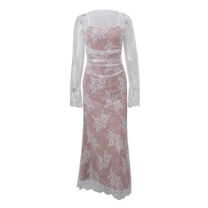 Floral Lace Long Sleeve Ruched Mermaid Maxi Dress