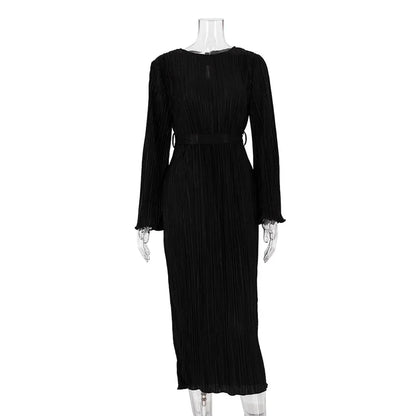 Pleated Bell Sleeve Tie Waist Column Maxi Dress