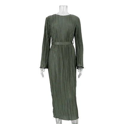 Pleated Bell Sleeve Tie Waist Column Maxi Dress