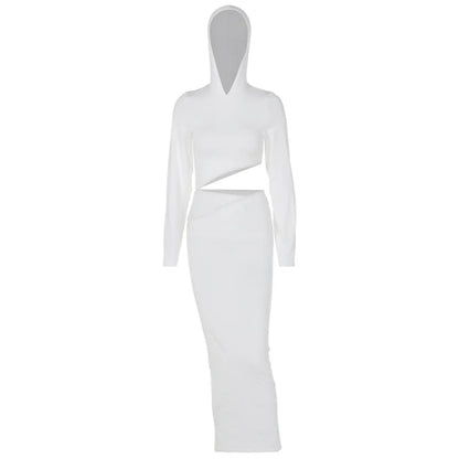 Hooded Long Sleeve Waist Cut Out Bodycon Maxi Dress